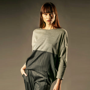 Pleated culottes with the two tone jumper. Out of Sync.