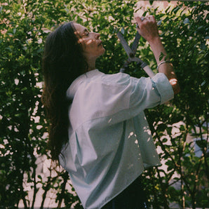 A woman is standing outside by tall green hedges, with the camera looking through an open sash window. She is holding hedge clippers and reaching for the leaves of the hedge. She is wearing Saywood's Lela Colourblock Boxy Shirt in green and blue pastel, with her sleeves rolled up. Worn with the Amelia Wide Leg Trousers in Japanese Denim.