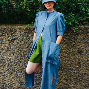 Rosa Puff Sleeve Shirtdress, Blue Light Wash Japanese Denim