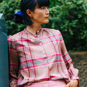 Limited Edition Marie Gather Neck A-Line Blouse, Pink Check Deadstock Cloth