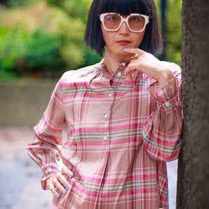 Limited Edition Marie Gather Neck A-Line Blouse, Pink Check Deadstock Cloth