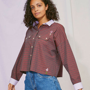 Women's Red Check Shirt, Saywood Studio, Jules Utility Shirt with flower embroidery, Red Check Cotton