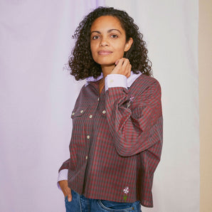 Women's Red Check Shirt, Saywood Studio, Jules Utility Shirt with flower embroidery, Red Check Cotton