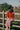 A woman with two plaited pigtails, is leaning on a wooden fence, overlooking grass and houses can be seen far off in the background. She has her back to the camera, and is wearing Saywood's Frances Unisex Cuban Shirt and Bessie A-line Shorts in berry red stripe as a matching set. She has a red cardigan slung round her shoulders.