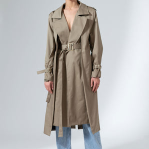 Beige Belted Cotton Trench Coat Mid-Length Outerwear - Custom Made - Bastet Noir