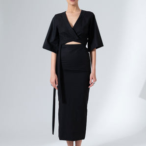 Black Cotton Wrap Dress Minimalist Midriff-Cut Maxi Length - Custom Made - Bastet Noir