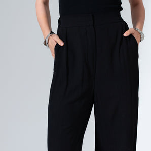 Black Cotton High-Waisted Relaxed Wide-Leg Pants - Custom Made  - Bastet Noir