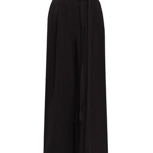 Black Wide-Leg High-Waist Pants Belted Crepe Trousers - Custom Made - Bastet Noir