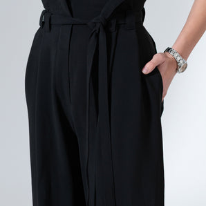 Black Wide-Leg High-Waist Pants Belted Crepe Trousers - Custom Made - Bastet Noir