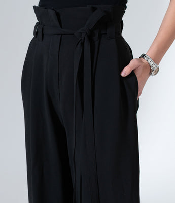 Black Wide-Leg High-Waist Pants Belted Crepe Trousers - Custom Made - Bastet Noir
