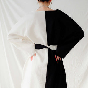 Black and White Long Sleeve Loose Elegant Maxi Dress - Custom Made - Bastet Noir