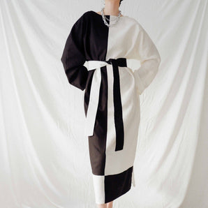 Black and White Long Sleeve Loose Elegant Maxi Dress - Custom Made - Bastet Noir