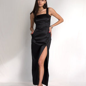 Black Bareback Satin Silk Midi Dress - Custom Made - Bastet Noir
