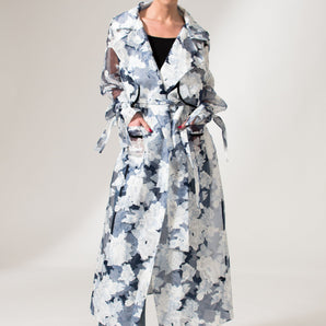 Blue Floral Print Transparent Organza Trench Coat - Custom Made - Bastet Noir