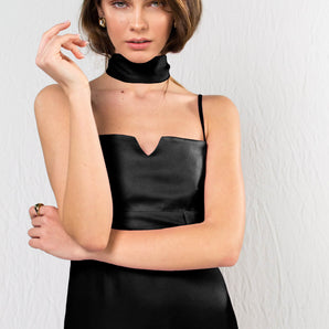 Black silk satin thin strap maxi dress - Custom Made - Bastet Noir