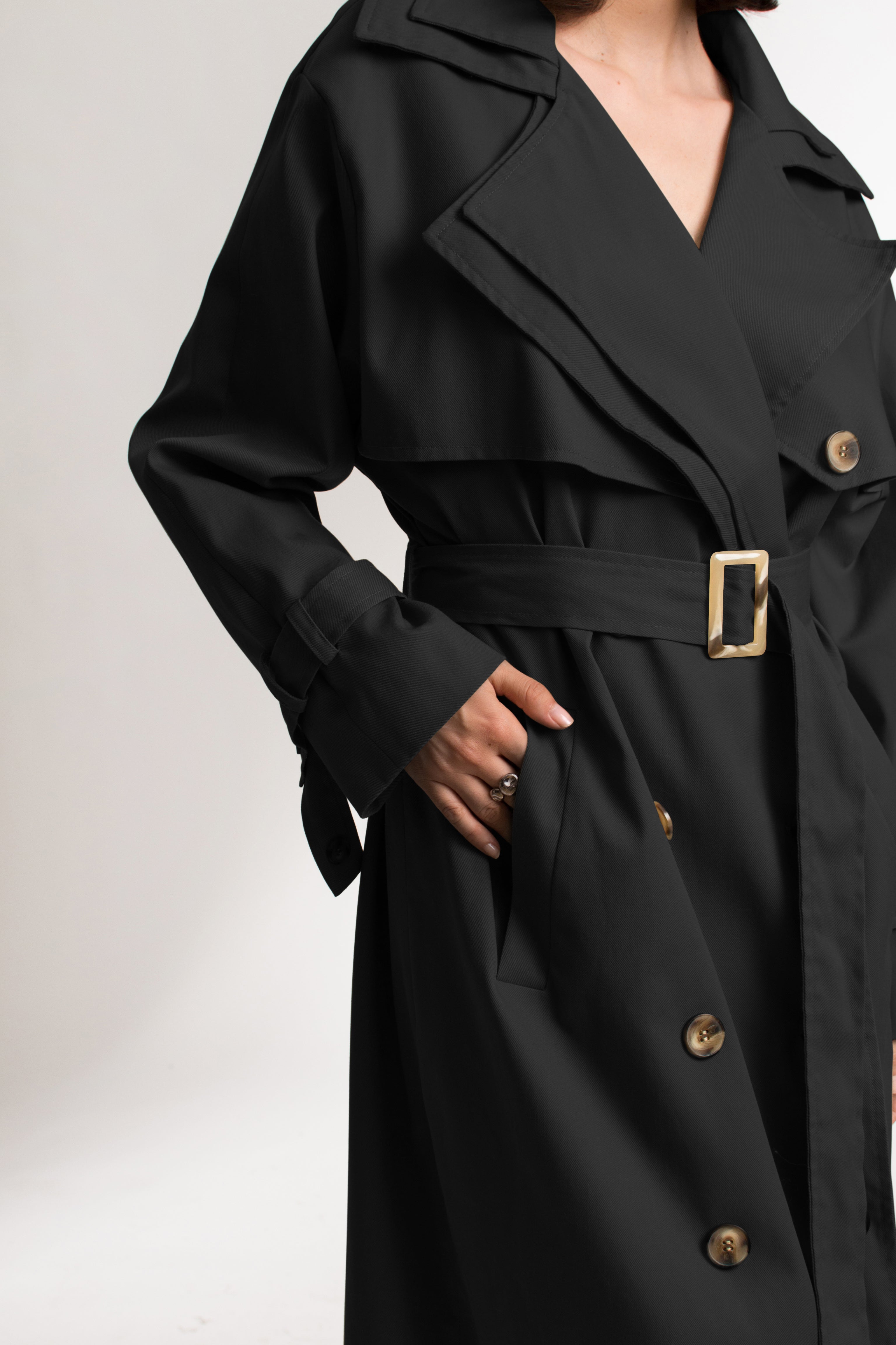 Black Cotton Oversized Everyday Trench Coat - Custom Made - Bastet Noir