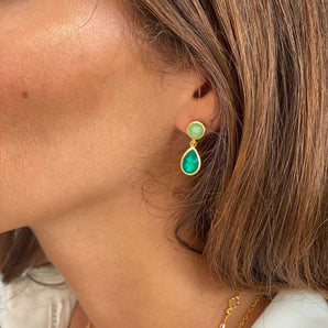 Gold Double Gemstone Drop Earrings with Green Onyx & Prenite