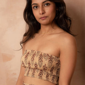 Beige Peacock Feather Bandeau Crop Top