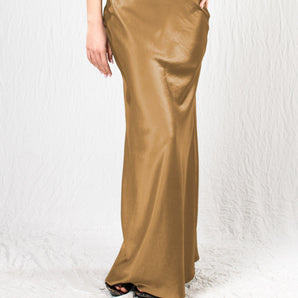 Gold High Waist Silk Satin Maxi Skirt - Custom Made - Bastet Noir