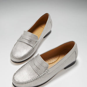 Women's Penny Loafers Leather Sole, titanium metallic leather
