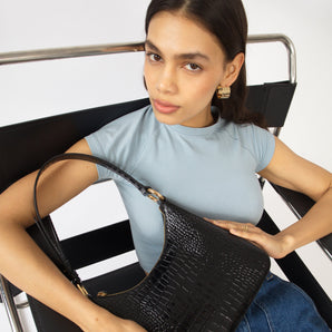 recycled genuine leather everyday shoulder bag black crocodile#color_black-croco