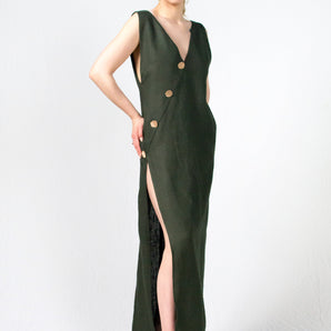 Olive Green Sleeveless Linen Maxi Dress - Custom Made - Bastet Noir