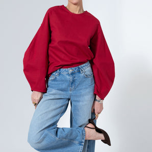 Red Linen Oversized Shirt With Balloon Sleeves - Custom Made - Bastet Noir