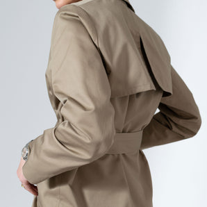 Short Beige Belted Trench Coat Lightweight Cotton Outerwear - Custom Made - Bastet Noir