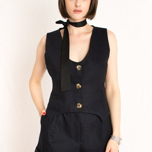 Dark Blue Striped Workwear Women Suit - Custom Made - Bastet Noir