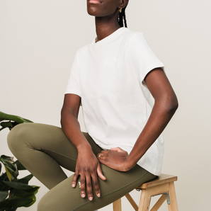 ethical sports clothing, ethical sportswear, sustainable fashion, sustainable clothing, sustainable dresses, eco friendly clothing, ethical clothing, slow fashion, sustainable women's clothing, white t-shirt, organic cotton, white top, moss green leggings, sustainable activewear
