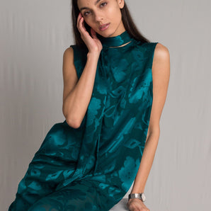 Teal floral silk turtleneck dress - Custom Made - Bastet Noir