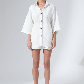 White Linen Everyday Casual Shorts And Oversized Shirt Set - Custom Made - Bastet Noir
