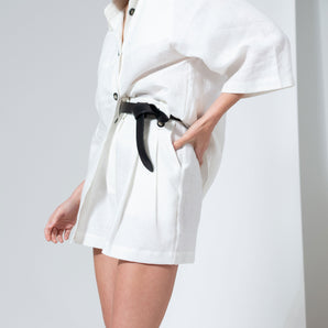 White Linen High Waist Front Pleats Shorts - Custom Made - Bastet Noir
