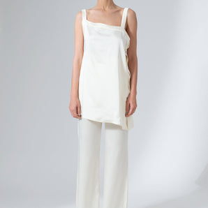 Cream White Satin Silk Evening Wear Strappy Asymetric Top And Flared Pants - Custom Made - Sustainable Sets - Bastet Noir