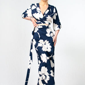 Blue and White Floral Print Cotton Kimono Sleeve Bareback Midi Dress - Custom Made - Bastet Noir