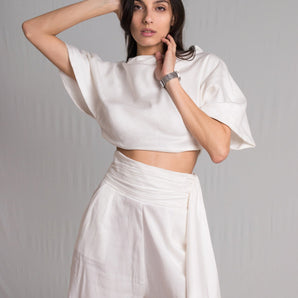 White satin silk crop top and high waist pants set - Custom Made - Bastet Noir