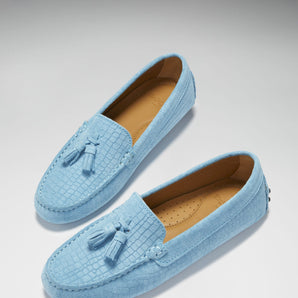 Women's Tasselled Driving Loafers, blue embossed suede