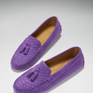 Women's Tasselled Driving Loafers, purple embossed suede