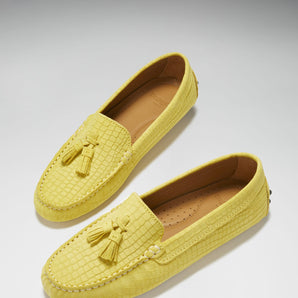 Women's Tasselled Driving Loafers, yellow embossed suede