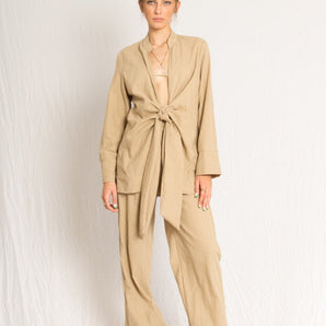 Beige Everyday Front Tie Shirt and Loose Pants Beach Set - Custom Made - Bastet Noir