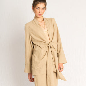 Beige Everyday Front Tie Shirt and Loose Pants Beach Set - Custom Made - Bastet Noir