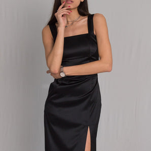 Black 90s bareback satin dress with thick straps and side slit